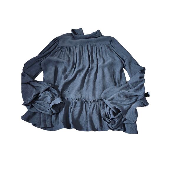 Lumie Women's Button Down Long Ruffle Sleeve Victorian Blouse Navy Blue in Small - Picture 4 of 7